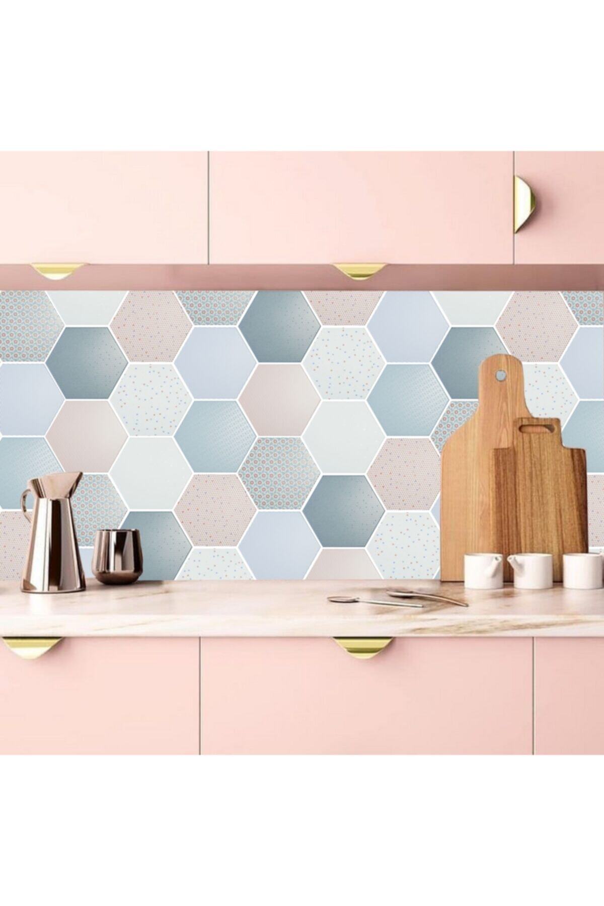Mutfak Tezgah Arası Kendinden Yapışkanlı Folyo Kaplama Mermer Desen Altıgen Geometrik 60cmx100cm