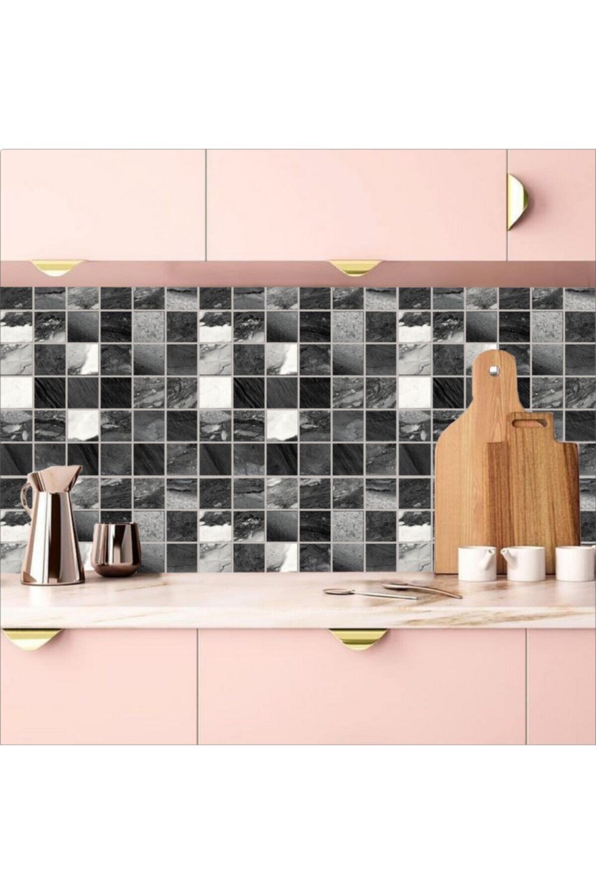 Mutfak Tezgah Arası Kendinden Yapışkanlı Folyo Kaplama Mozaik Mermer Taş Desen 60cm X 100cm