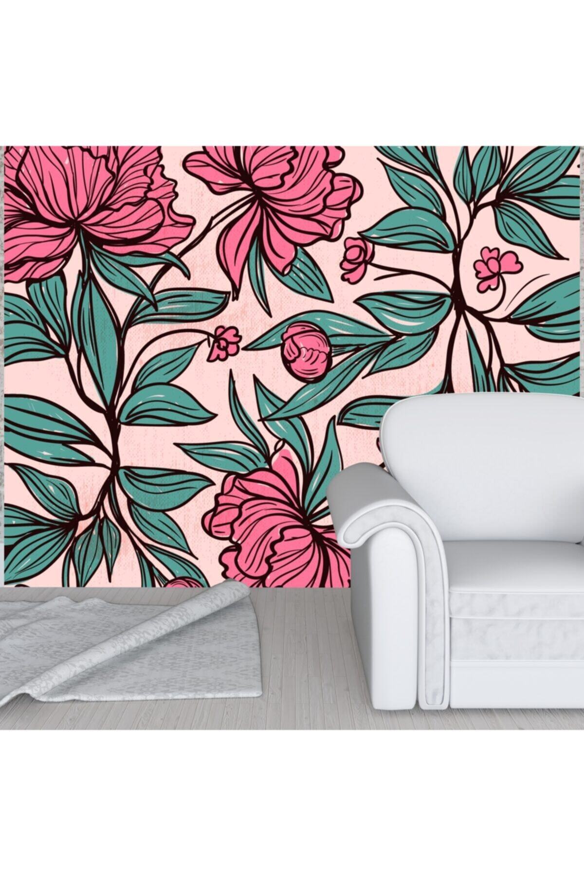Duvar Kendinden Yapışkanlı Kaplama Folyo Yaprak Pembe Çiçekler 50cm X 300cm