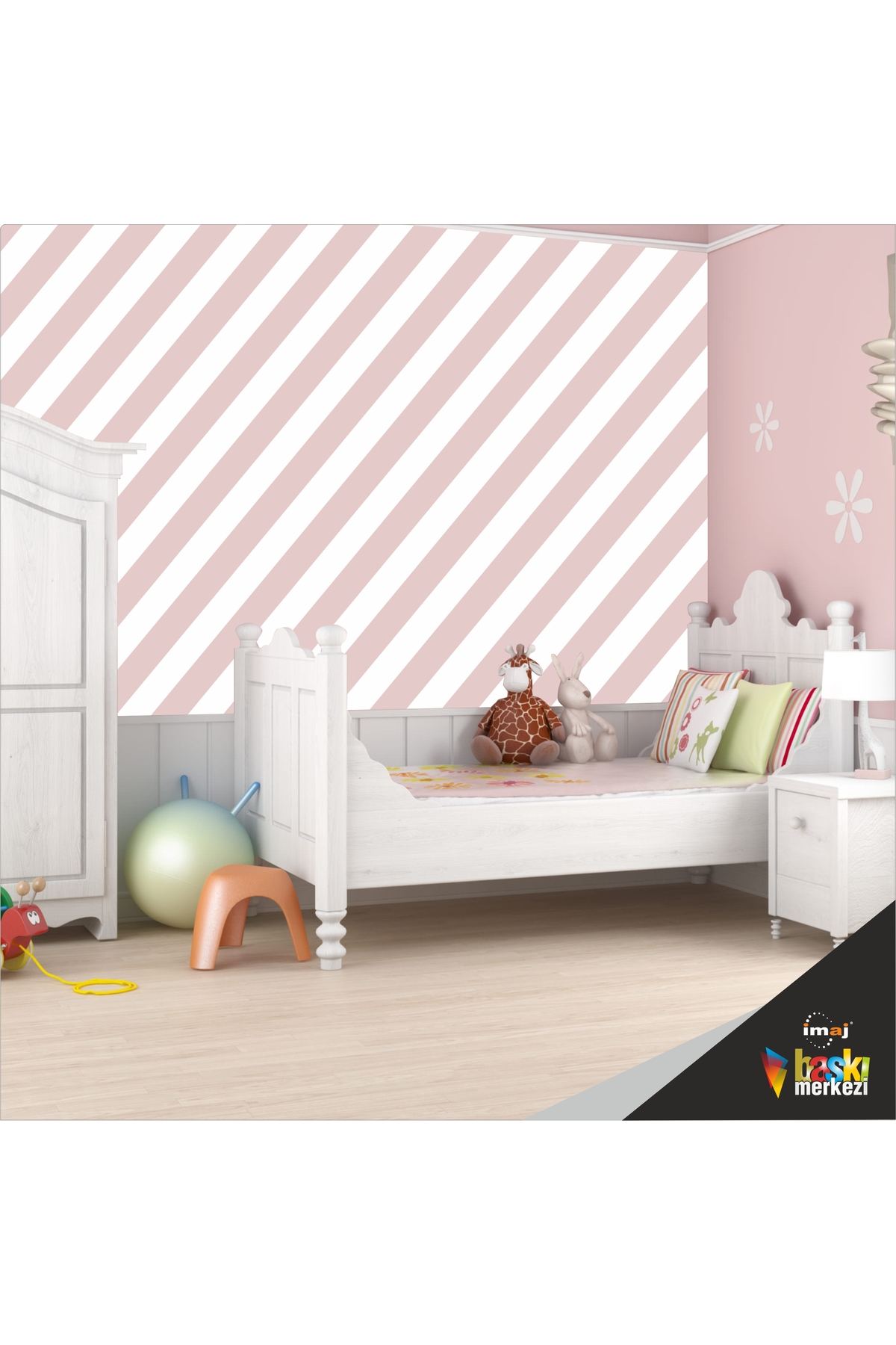 Çocuk Odası Duvar Kaplama Kendinden Yapışkanlı Folyo Pembe Çizgili 50cm x 300cm